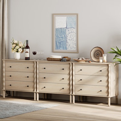 Buffet 9 tiroirs avec pieds en bois massif, naturel