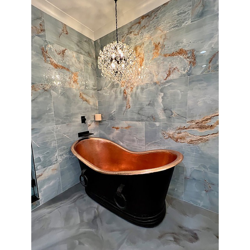 67" Hammered Double Slipper Bathtub With Rings, Glazed Black/Polished Copper