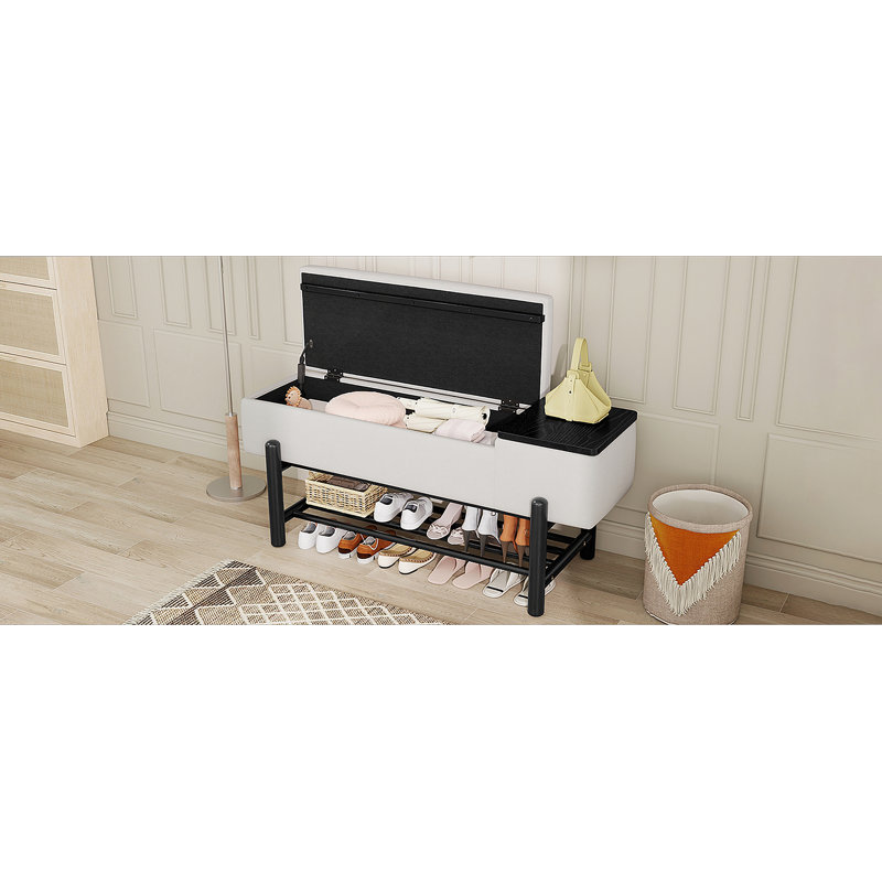 Banc de rangement rembourré Farmhouse avec compartiment caché, banc d'entrée moderne pour le salon, le vestibule et les couloirs