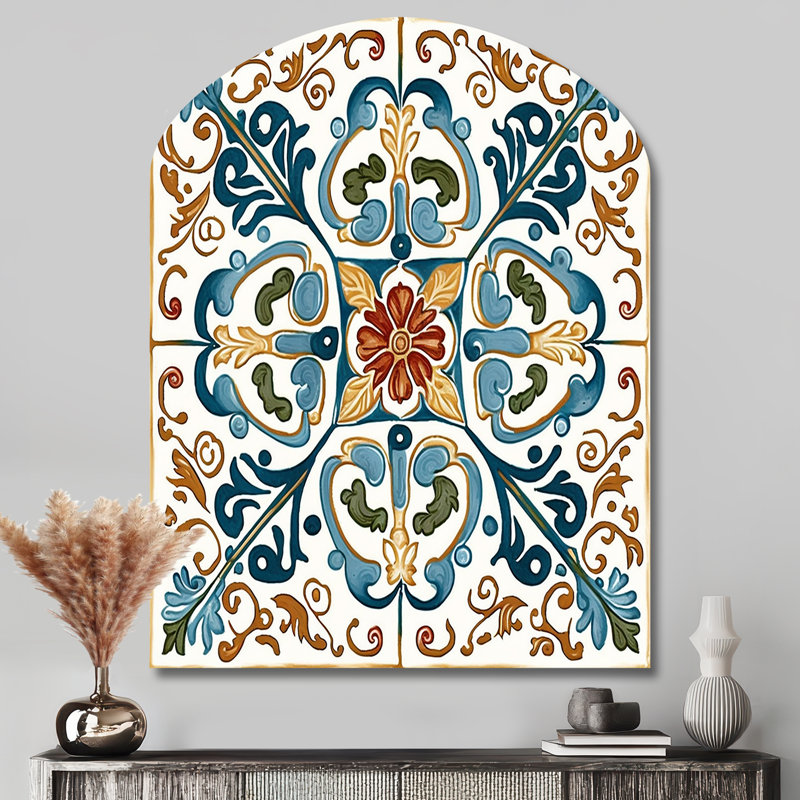 Carrelage méditerranéen rétro bleu VI - art mural asymétrique en forme de voûte abstraite, H 43 po x l 33 po