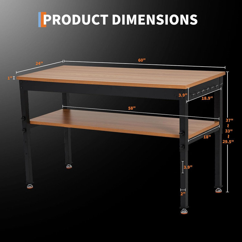 48/60" Adjustable Height Workbench with Power Outlet, 2500LB Heavy Duty Tool Bench for Garage, 37" H x 48" W x 24" D