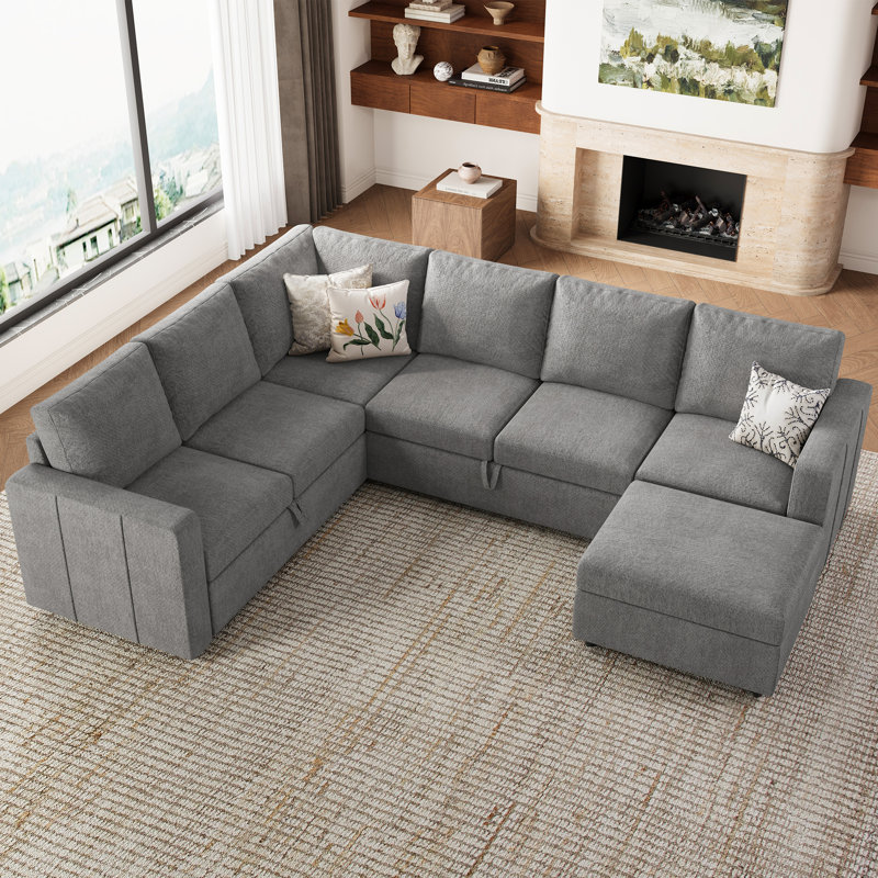 Grand canapé-lit modulaire avec repose-pieds Seybert, Chenille gris pâle