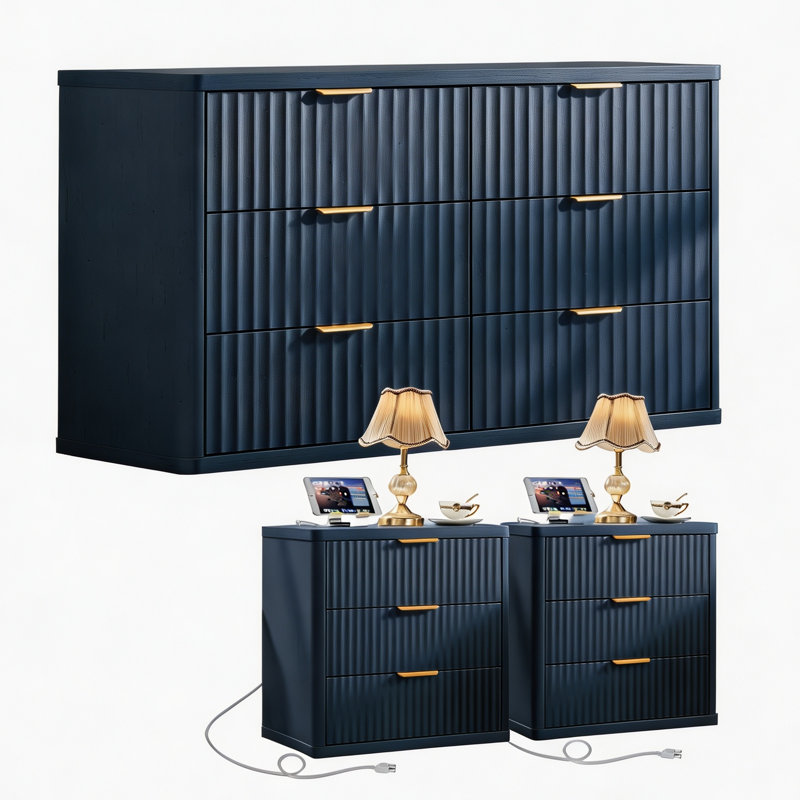Ensemble de 3 meubles de chambre modernes en bois, comprenant une commode cannelée et des tables de chevet. Commode à 6 tiroirs de 122 cm et tables de chevet de 58 cm avec station de recharge.