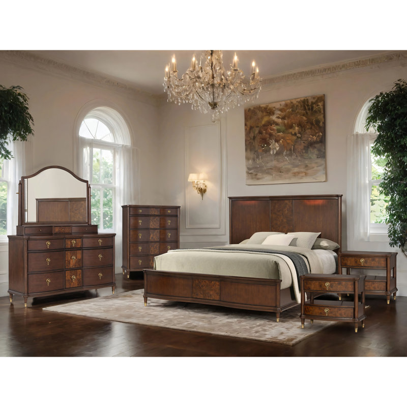 Ensemble de chambre à coucher en bois massif 6 pièces Moscote, Très grand, 6 pièces: lit, 2 tables de chevet, commode, miroi