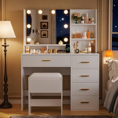 Makeup Vanity Desk with Mirror & Stool White