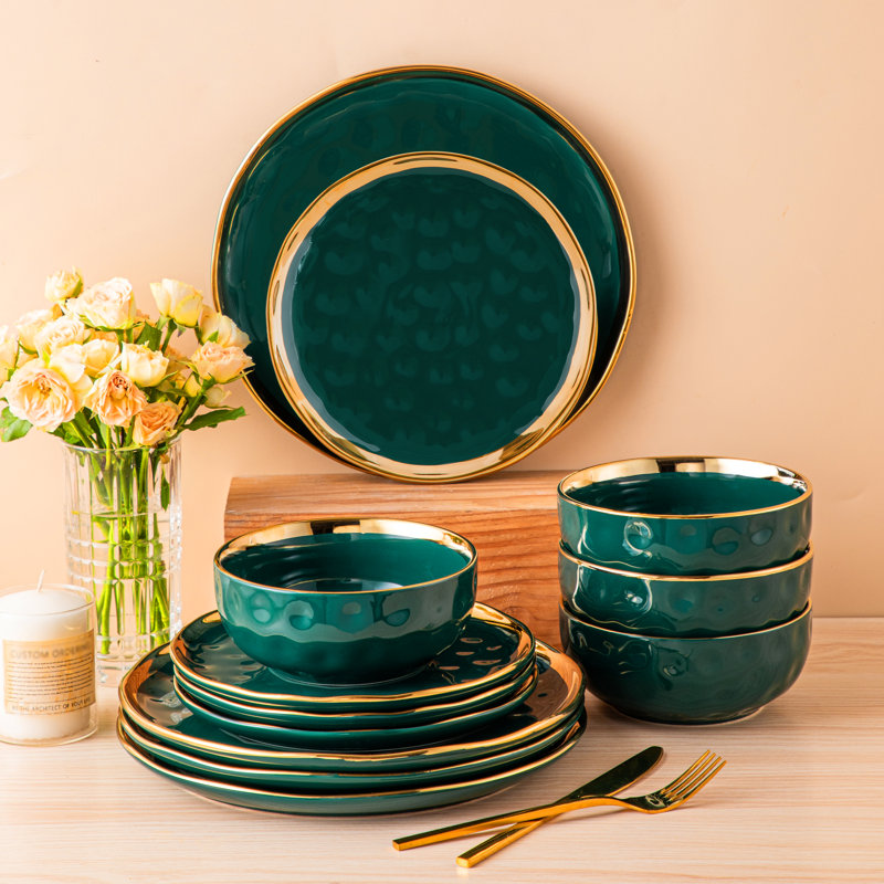 Aiyden 12 Piece Ceramic Dinnerware Set - Service for 4, Black/Green/Gold