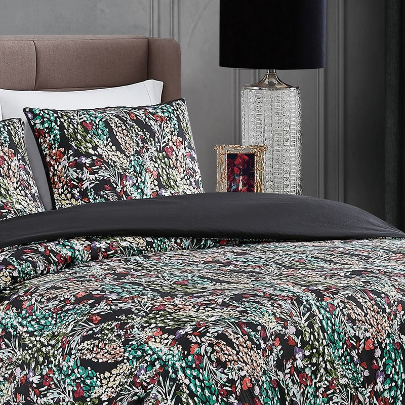Full Black Cotton Sateen Duvet Cover Set with Floral Design