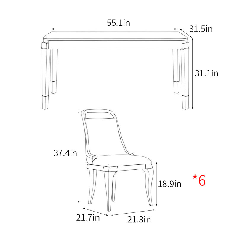 French style modern rectangular dining table sets, 31.1"H x 55.1"L x 31.5"W