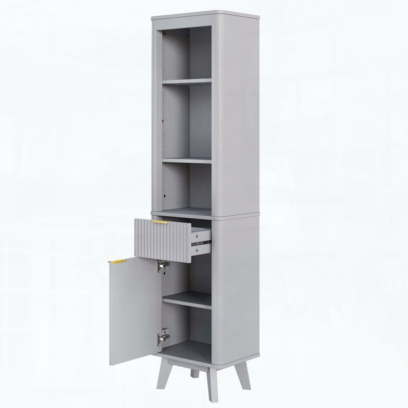 Grande armoire de rangement avec tablettes réglables et tiroir, conception cannelée pour salle de bain / salon, Grey