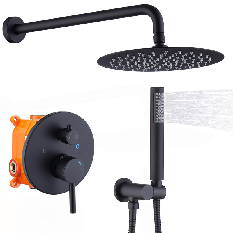Shower System Shower Faucet Combo Set Wall Mounted With 10" Rainfall Shower Head And Handheld Shower Faucet, Matte Black Finish With Brass Valve Rough-In