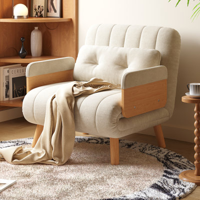 Canapé-lit à coussin en lin de 27,56 po avec pieds en bois massif et pochette de rangement latérale - pour le salon, la chambre à coucher et plus encore