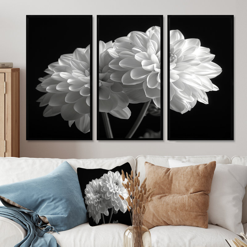 Monochromes blanc noir, «Mums Botanical Beauty I», ensemble de reproductions d'art mural, Toile avec cadre flottant noir