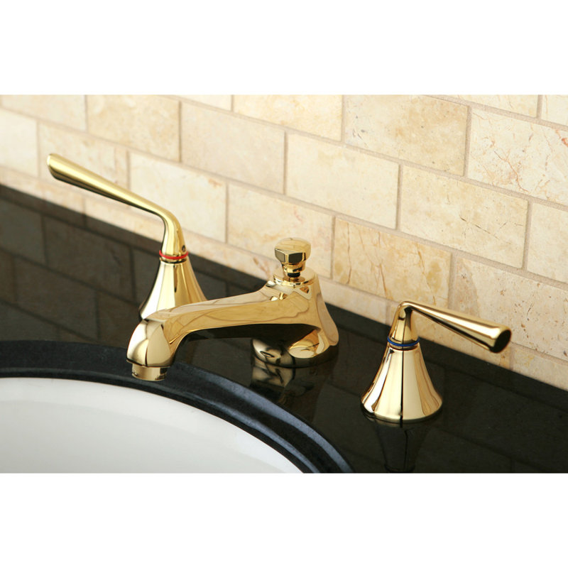 Kingston Brass Two-Handle 3-Hole Deck Mount Widespread Bathroom Faucet with Brass Pop-Up Drain, Polished Brass