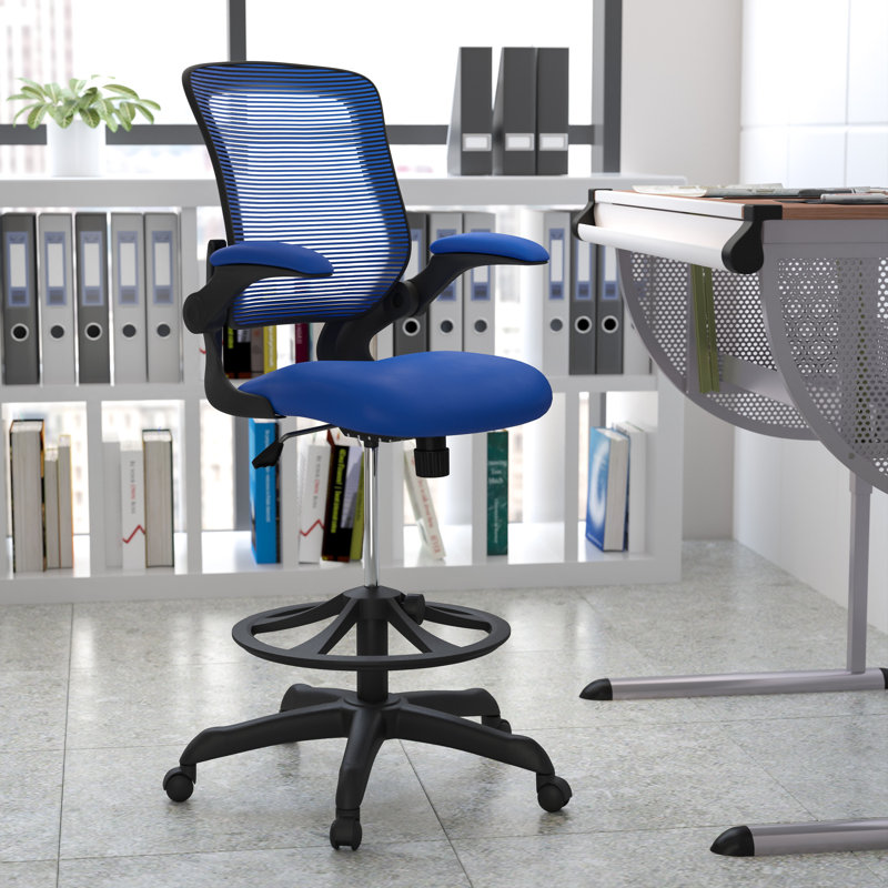 Mid-Back Mesh Ergonomic Drafting Chair with Foot Ring and Flip-Up Arms, Blue