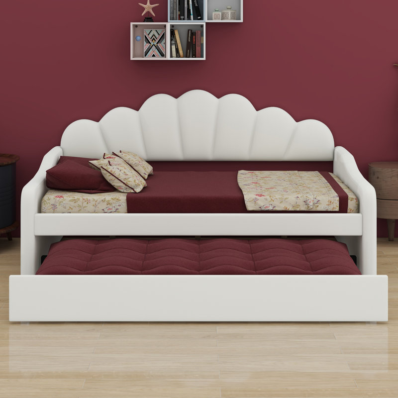 Full Size Upholstery Daybed Frame With Shall Shaped Backrest  And Trundle, Beige