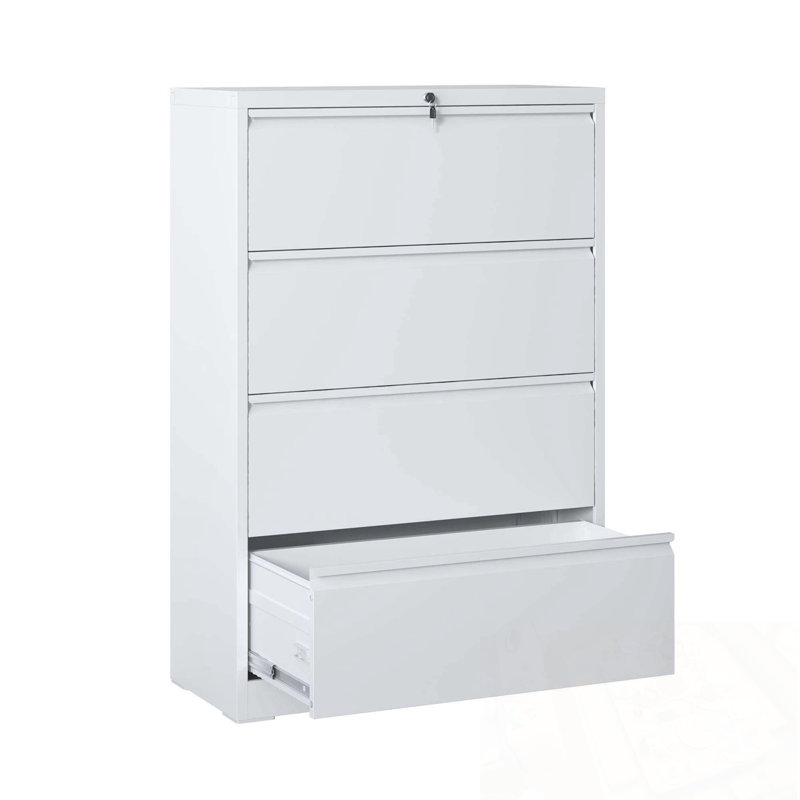 Wide Metal File Cabinet With 4 Drawers And Lock, White