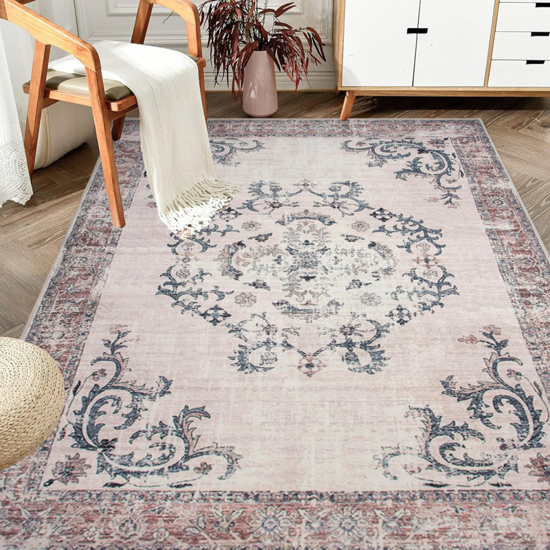 Area Rug 5X7 Vintage Bohemia Large Persian Non-Slip Washable Rug For Living Room Kitchen Bedroom Living Room Flower Design