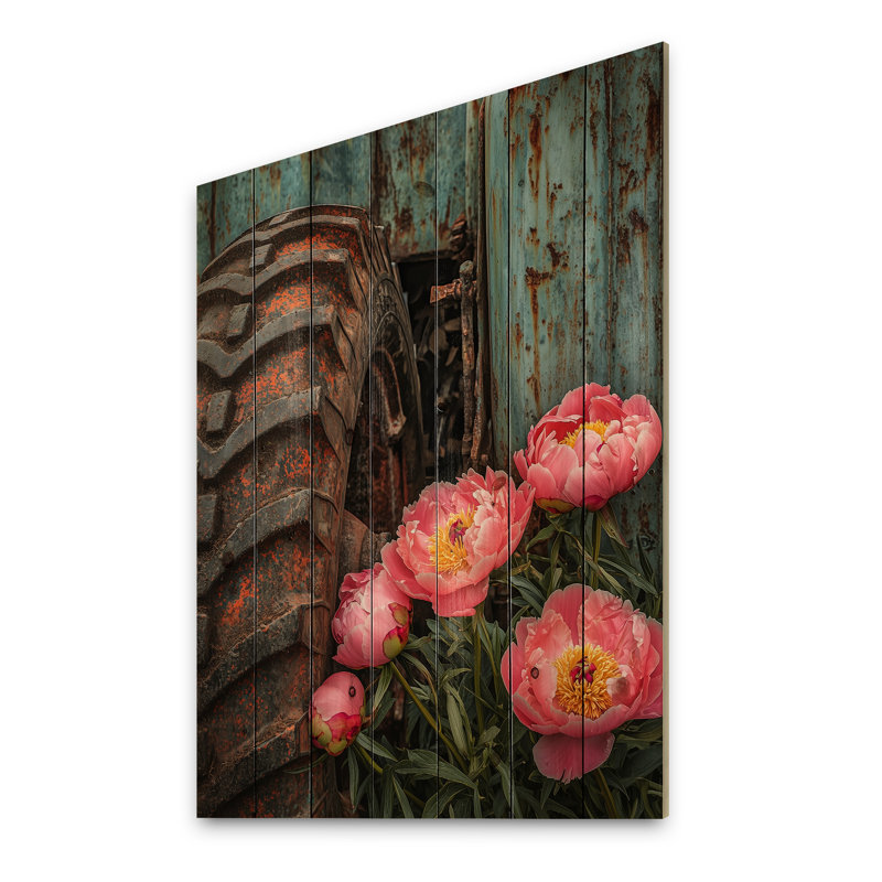 Pivoines par le vieux tracteur I - impression de pivoines sur bois de pin naturel, H 44 po x l 34 po x P 0,78 po
