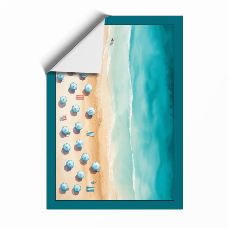 Umbrella Beach Coastal - Framed Print, A3 - 42.0 x 29.7 cm, Oak