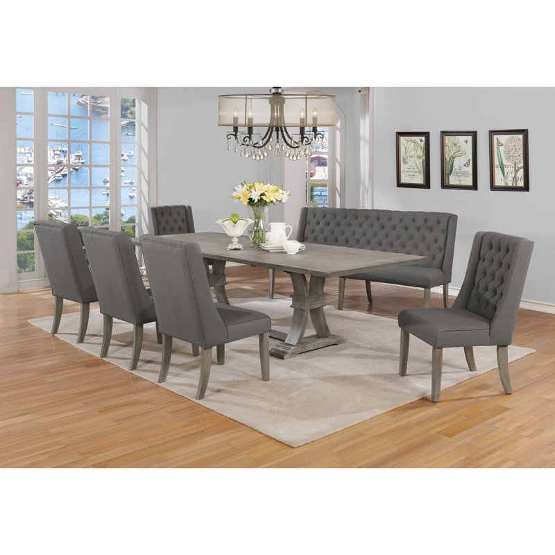 Dions Extendable Dining Set with Linen Upholstered Seating and Button Tufting, Gray Rustic, Gray