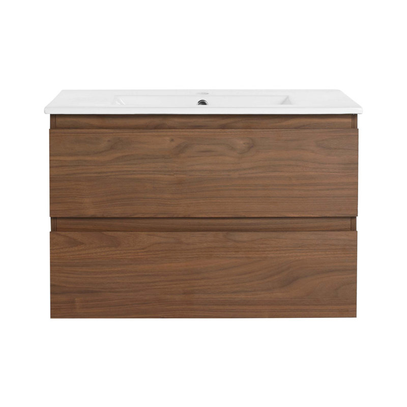 Meuble-lavabo mural 30 po avec lavabo en céramique et 2 tiroirs à fermeture en douceur, 30", Chêne brun