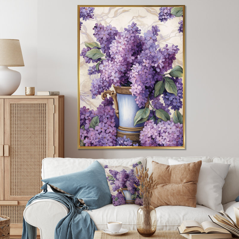 Fleurs de lilas mauves parfumées sur toile, Cadre flottant doré, H 32 po x l 24 po x P 1 po