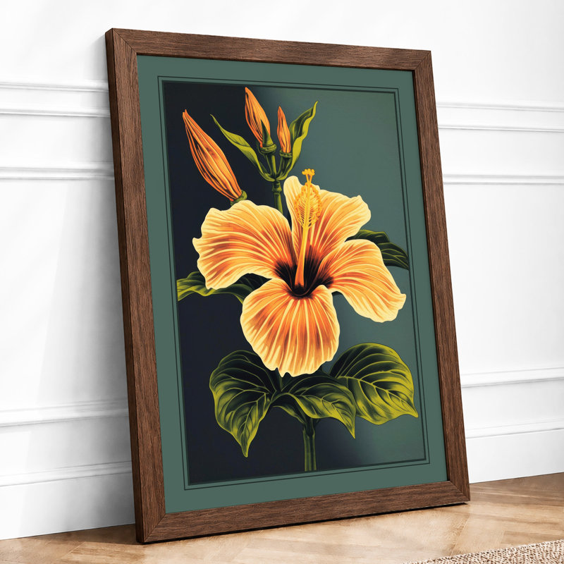 Golden Hibiscus Botanical - Framed Print, A2 - 59.4 x 42.0 cm, Walnut