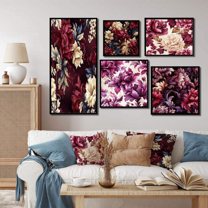 Ellesmere - ensemble de 5 reproductions d'art sur toile florale, Cadre flottant noir