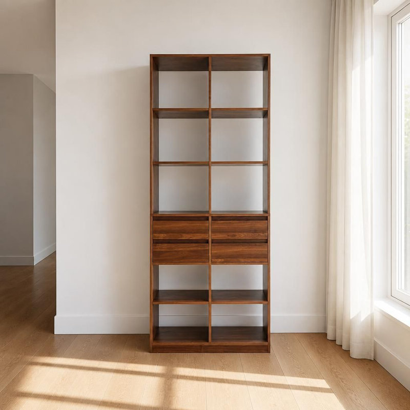Grande bibliothèque autoportante à casiers ouverts avec 4 tiroirs de rangement, étagère de présentation multifonctionnelle moderne et armoire de rangement avec compartiments ouverts superposés et tiroirs dissimulés