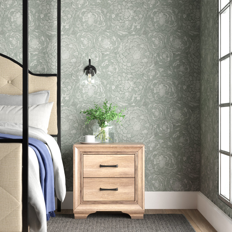Papier peint à peler et à coller Otavio Zen Dahlia L 16,5 pi x l 20,5 po, Vert / Taupe