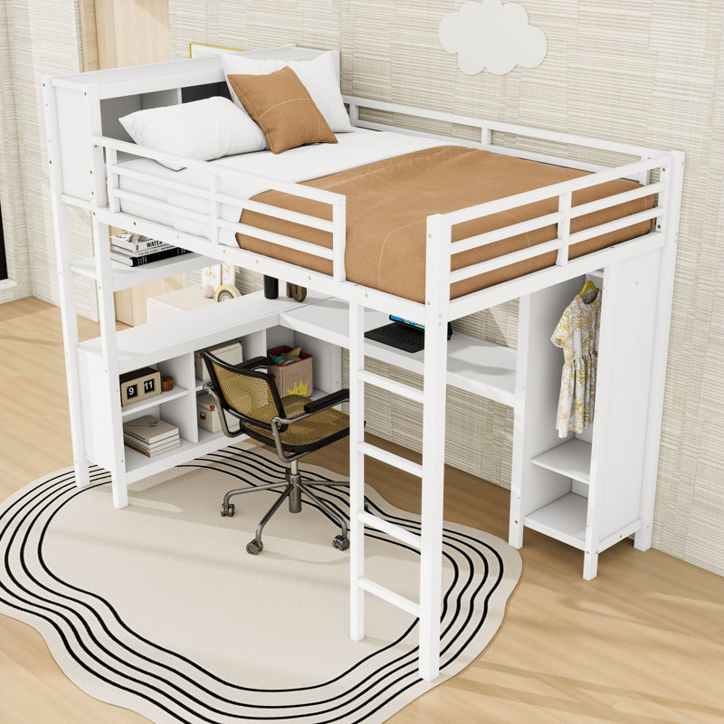 Lit mezzanine en métal avec garde-robe, bureau et tablettes de rangement, Blanc