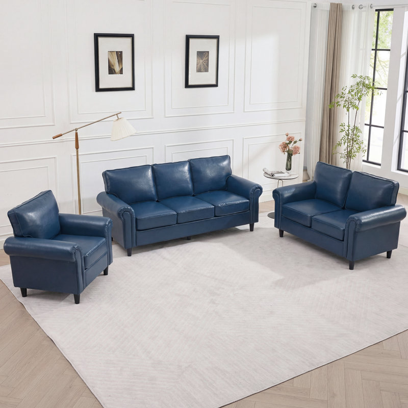 3- Piece Sofa Set Faux Leather Couch Rolled Arm Chair Living Room Set, 3 Pcs: Chair, Loveseat, Sofa, Royal Blue
