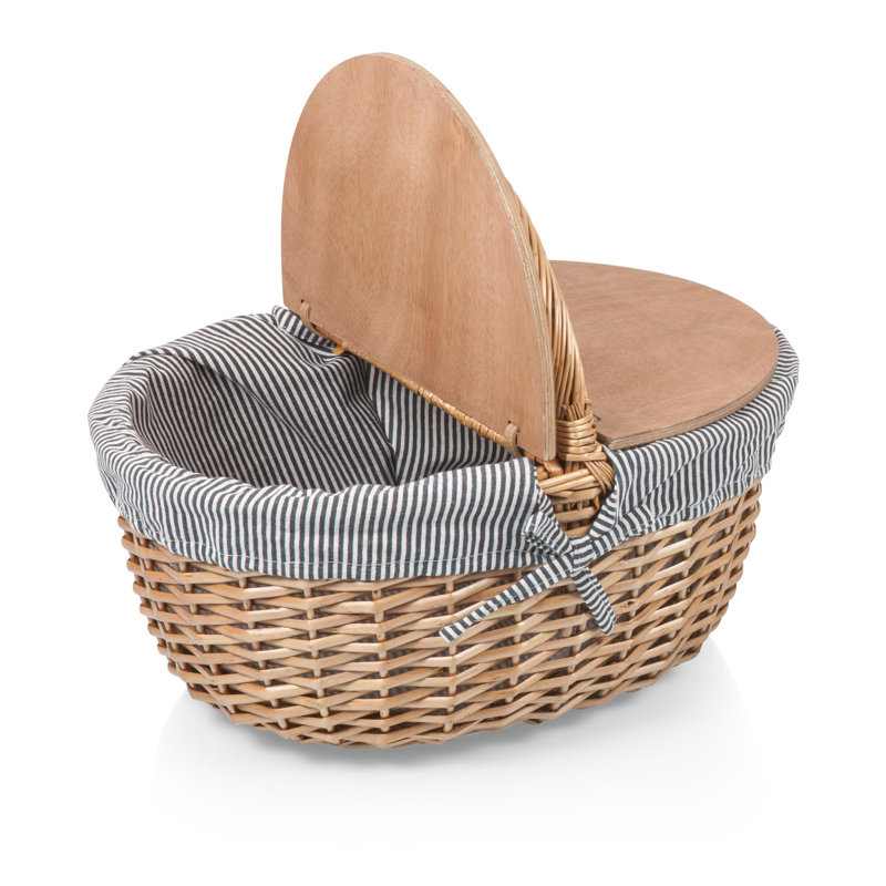 Navy Blue and White Stripe Wicker Picnic Basket with Wooden Lid