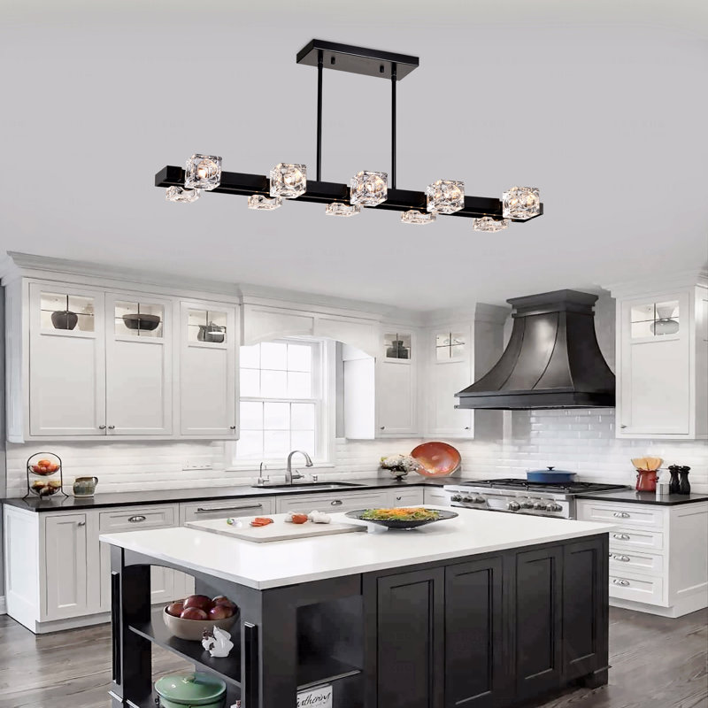 Lustre - rectangulaire pour salle à manger, 10 lumières de style maison de campagne noire avec luminaire suspendu de conception linéaire, luminaire suspendu en cristal de style moderne