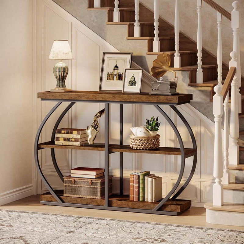 41.3" Industrial Console Table, 3-Tier Entryway Table with Arched Metal Frame, Rustic Brown Narrow Sofa Accent Table with Storage for Living Room, Hallway