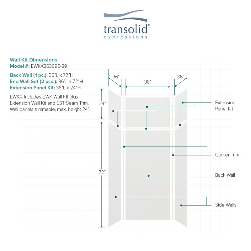 Expressions 6 Panel Shower Wall, Gray, 96" H x 36" W x 36" D