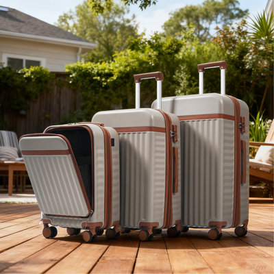 Luggage Set Of 3, 20Inch With USB Port, Front Opening Design Airline Certified Carry On Luggage, ABS Hard Shell Luggage With Spinner Wheels,Khaki