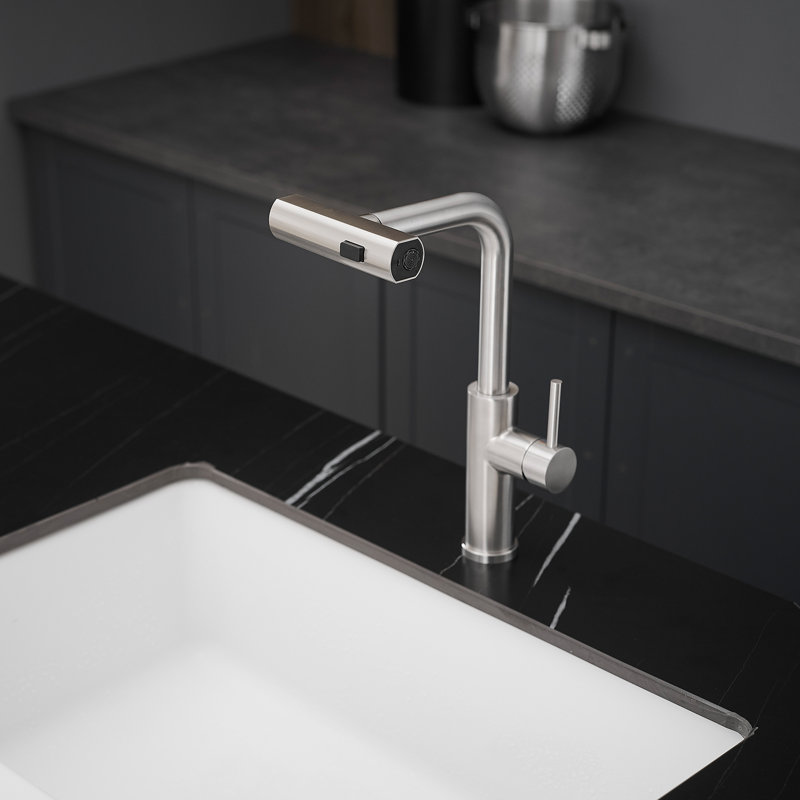 Single Handle Basin Sink Pull Out Kitchen Faucet With 360° Rotating Spout, Brushed Nickel