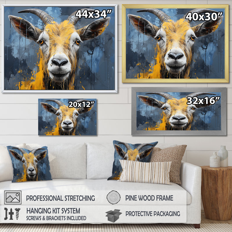 Chèvre jaune et bleu, prairie, portrait, art mural, Toile tendue, H 24 po x l 32 po x P 1 po