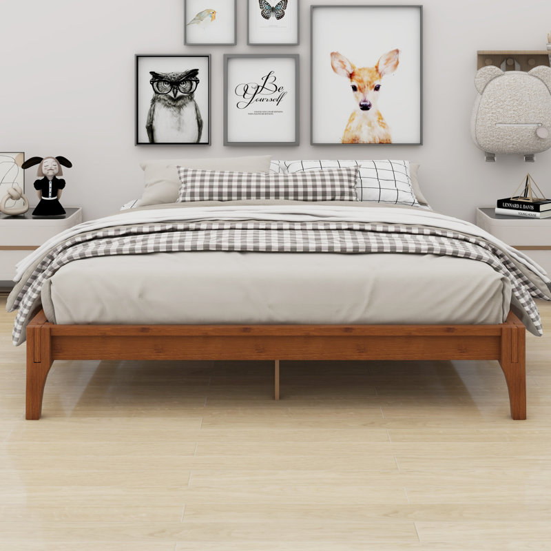 Base de lit plateforme en bois avec support en lattes de bois, Brun