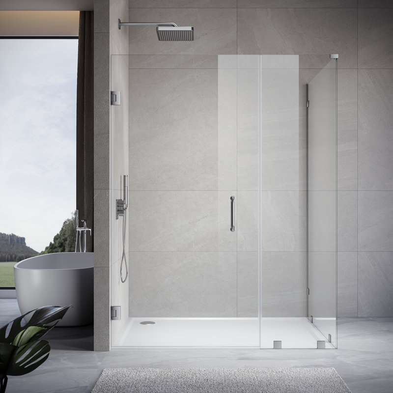 UKH07 69-1/8 to 70 in. W X 35 in. D X 80 in. H Frameless Hinged Shower Door in Brushed Nickel with EnduroShield 3/8 in. Clear Glass with 30 in. Door Panel