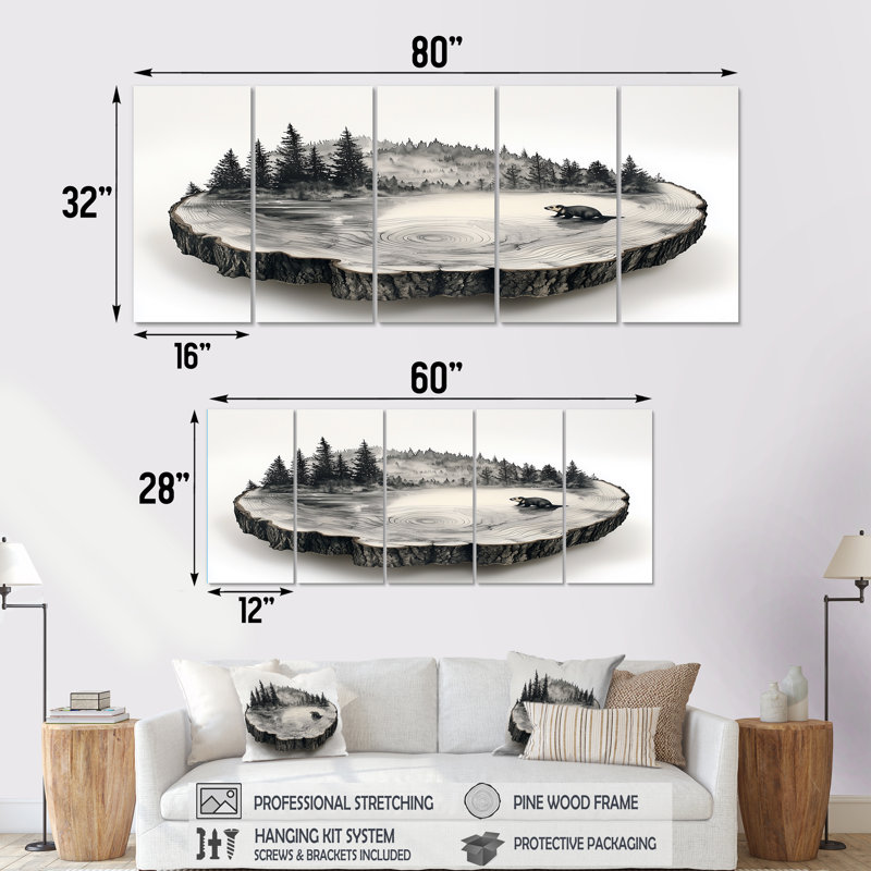 «Beaver In Pine», diapositive en bois monochrome I - ensemble d'art mural Beaver, H 28 po x l 60 po, 5
