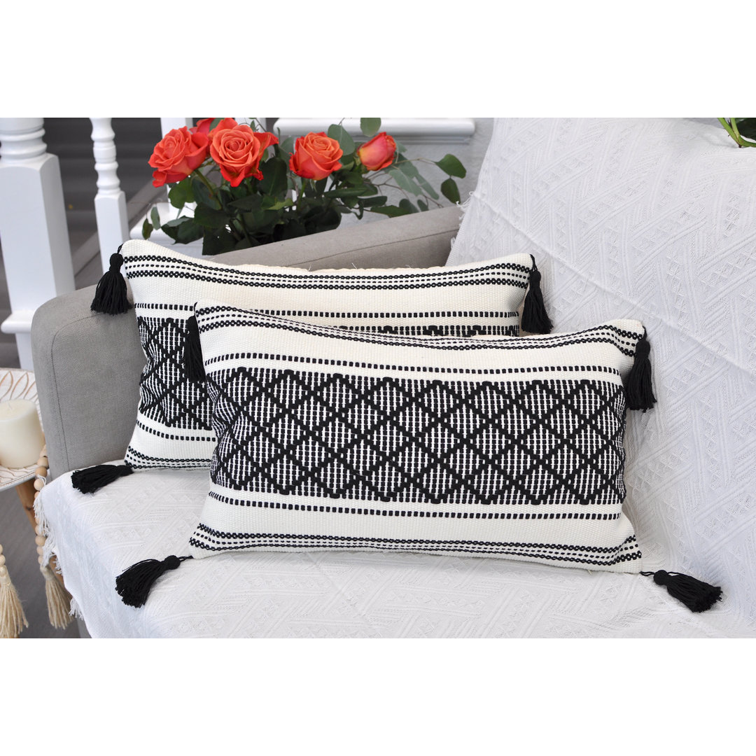  Boho Lumbar Pillow Covers With Tassels, Outdoor/ Indoor Cotton Woven Rectangular Pillowcases (Set of 2) Oveesha 