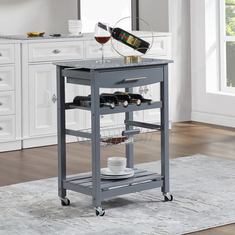 Mobile Rolling Kitchen Island Trolley Serving Cart with Underneath Drawer & Slide-Out Wire Storage Basket, Grey