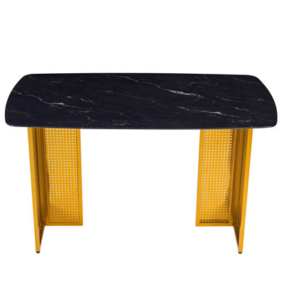 Modern-Style Rectangular Tempered Glass Dining Table for 6, Featuring a Marble-Patterned Design with Hollow-Out Metal Legs, an Ideal Dining Table for