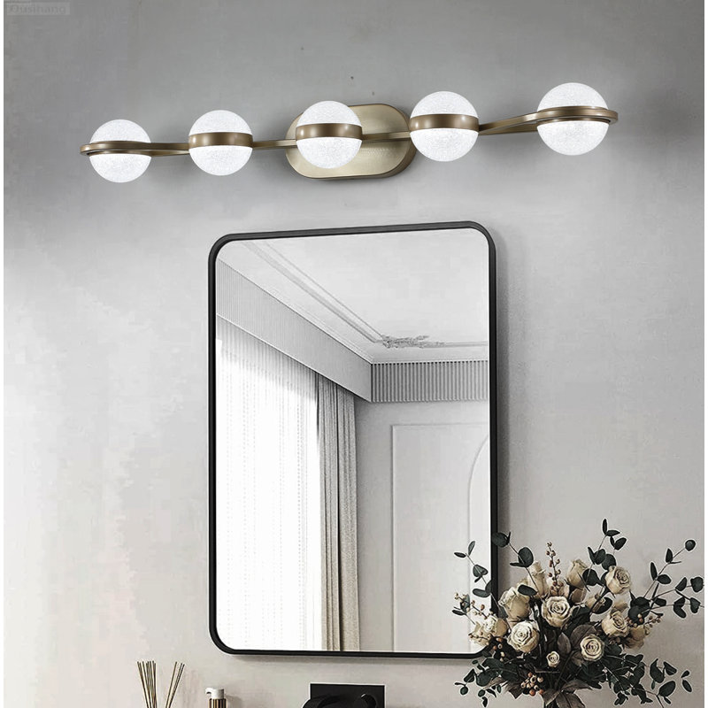 Luminaire de meuble-lavabo moderne à 5 lumières DEL avec abat-jour sable en cristal, H 4,7 po x l 35,4 po x P 6,7 po, Brass