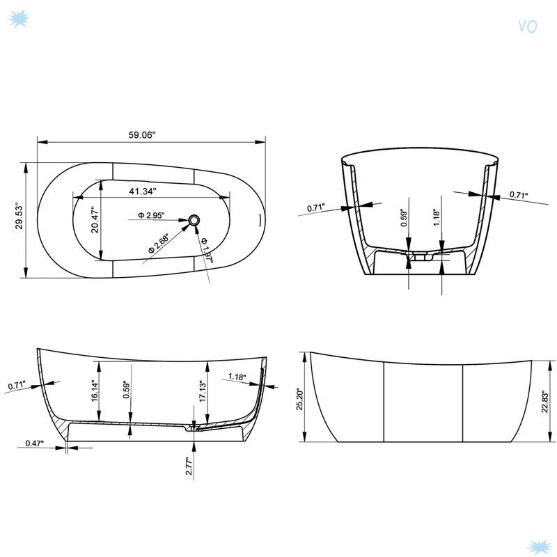 59 Inch Freestanding Solid Surface Soaking Bathtub