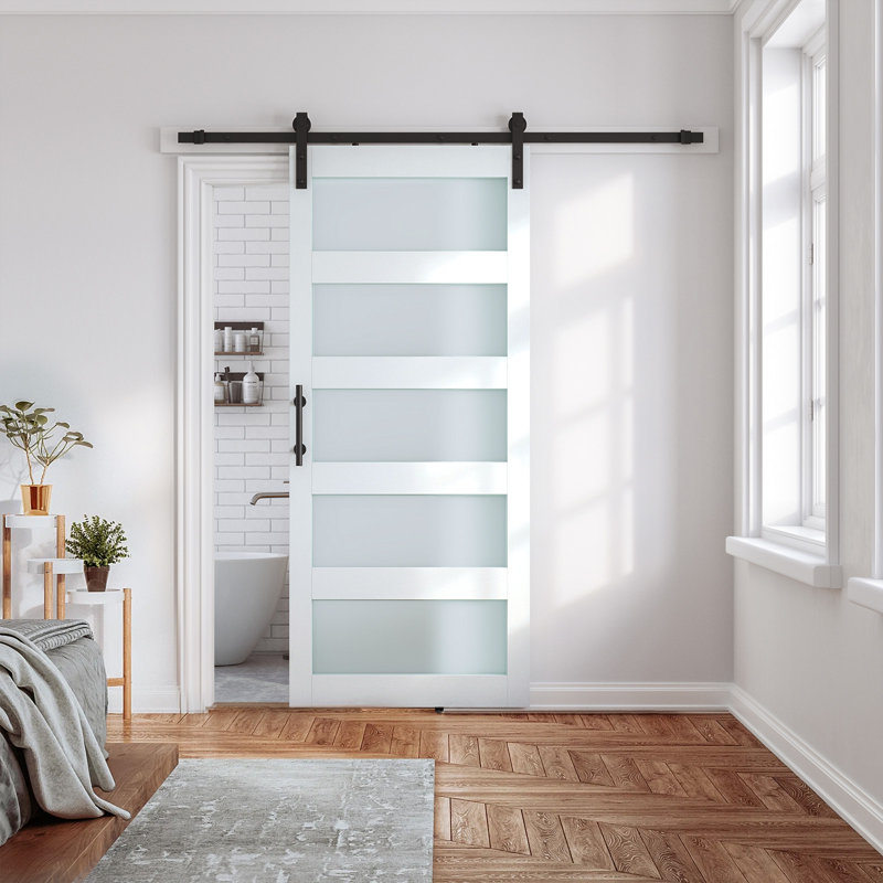 Porte de grange coulissante en verre givré 32 "x 84" avec quincaillerie d'installation, 32 po x 84 po