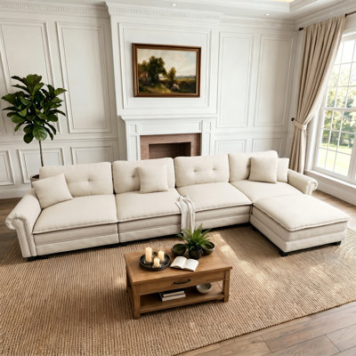 150" Modular Sectional Sofa with Ottoman, Oversized L-Shaped Deep Seat Couch in Chenille with Nailhead Trim