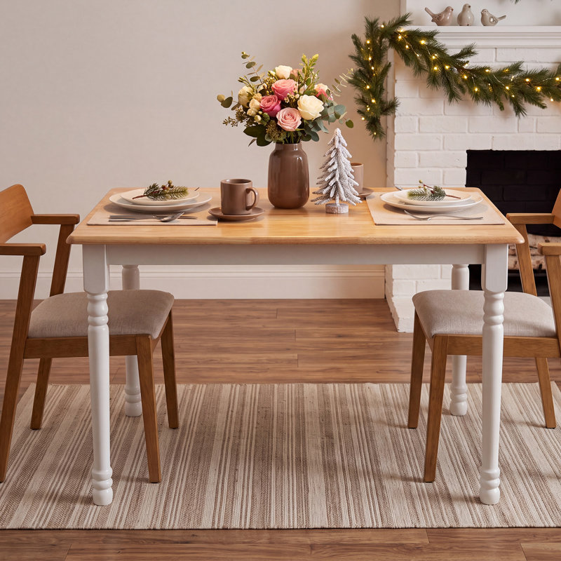 Modern Farmhouse Rectangular Solid Wood Dining Table, Brown/White